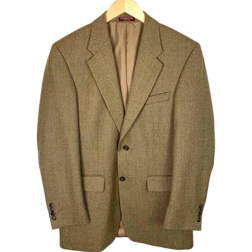 COVINGTON Men's 38 Reg 100% Wool Herringbone Tan Blazer Fully Lined - Picture 1 of 15